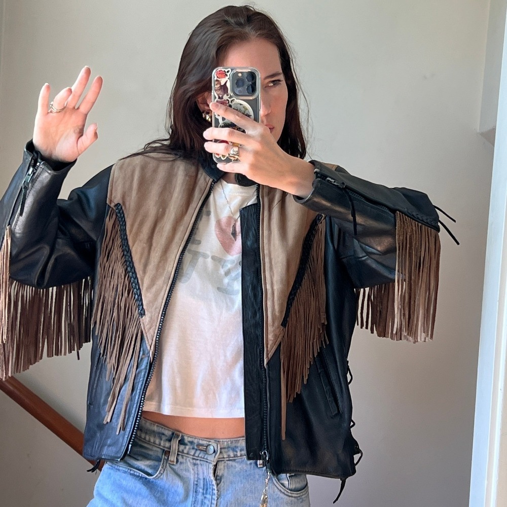 Vintage Leather Fringe Motorcycle Jacket Black Tan Biker‎ Western Braided Lace - Picture 8 of 12